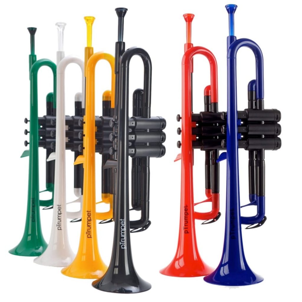 Different colors of plastic trumpets